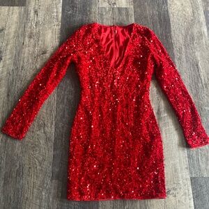 Joyfunear Red Sequin Long Sleeve Dress